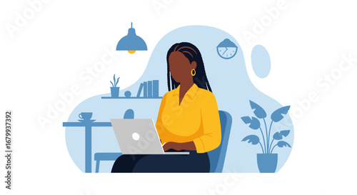 Focused African American woman working efficiently on her laptop in a comfortable home office, embodying modern remote work, productivity, and a flexible lifestyle.