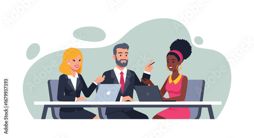 Diverse professionals collaborating in a business meeting, utilizing laptops for productive teamwork and strategic discussions.