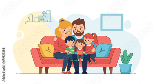 A happy family, parents and three children, sitting together on a sofa in their cozy home, symbolizing warmth, unity, and domestic life. Ideal for lifestyle, parenting, or financial planning concepts.