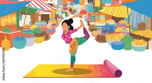 Woman practicing yoga (Natarajasana) in a vibrant, colorful traditional market. Merging wellness with cultural exploration and healthy lifestyle.