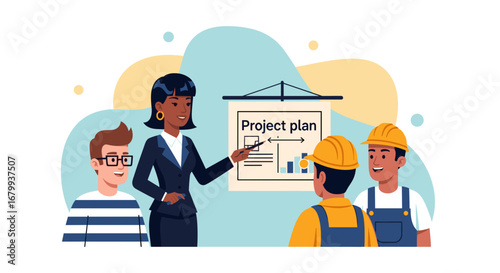 Businesswoman leads a diverse team—construction workers and a professional—reviewing a project plan. Concept of collaboration, teamwork, and strategic planning.