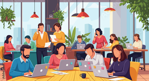 Busy modern office environment with diverse professionals collaborating and working on laptops and phones. Represents teamwork, productivity, and a dynamic corporate lifestyle.