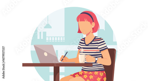 Woman working remotely on a laptop, holding a coffee mug, showcasing focused productivity and modern lifestyle at home or a cafe. Ideal for business and digital work concepts.
