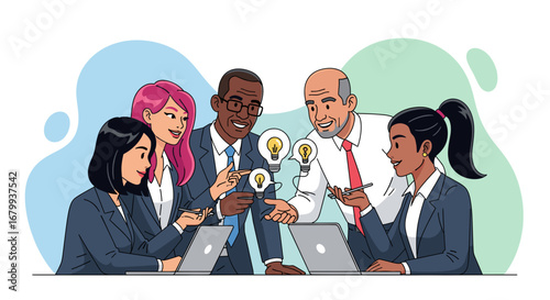 Diverse business team brainstorming and sharing innovative ideas. Concept of collaboration, creativity, and successful problem-solving for business growth.