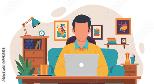 Man working remotely on laptop in a comfortable home office setting. Ideal for themes of productivity, online business, and flexible work lifestyle.