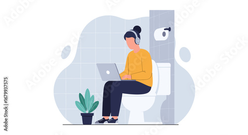 Person wearing headphones using a laptop while sitting on a toilet, illustrating remote work, multitasking, and unconventional productivity.