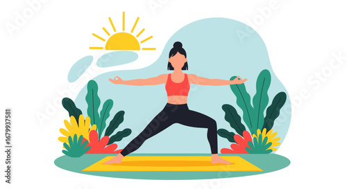 Woman practicing yoga in Warrior II pose on a mat outdoors with stylized plants and sun. Symbolizes wellness, balance, and a healthy, mindful lifestyle. Great for fitness content.
