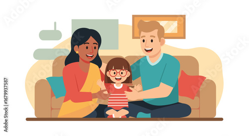 Happy multiethnic family with child enjoying quality time together on a sofa at home. Represents joy, parenthood, and modern family lifestyle.