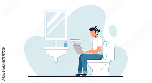 Man works on laptop from a toilet, wearing headphones. Illustrates remote work, multitasking, and the challenges of work-life balance in a home office.