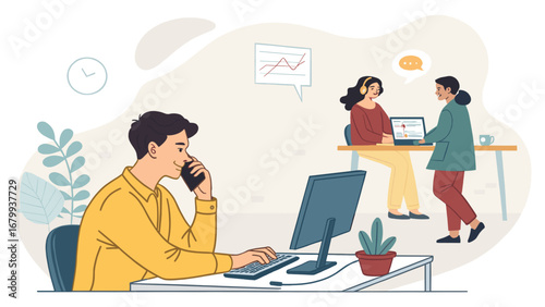 Modern office scene with professionals collaborating. A man on the phone works at his computer, while two women discuss nearby. Ideal for business, communication, and teamwork concepts.
