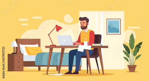 A bearded man works diligently on his laptop at a wooden desk in a cozy home bedroom, symbolizing remote work, productivity, and modern lifestyle flexibility.