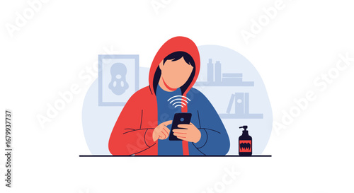 Person in a red hoodie using a smartphone, connecting online from home. Represents digital communication, internet use, and a modern lifestyle.