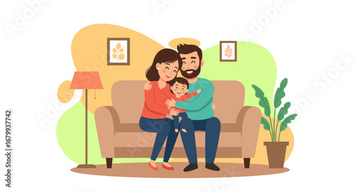 Happy family (mother, father, child) hugging on a sofa at home, showcasing love, connection, and parental care. Ideal for lifestyle and family concepts.
