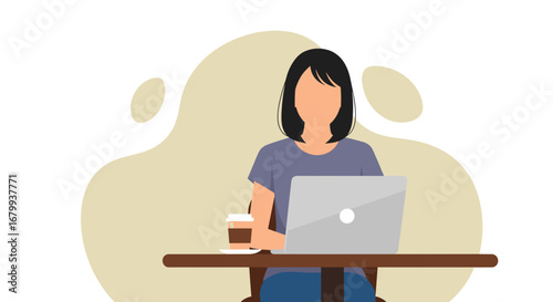 Woman working remotely on laptop at a cafe table with coffee. Represents modern business, freelance, online education, or digital nomad lifestyle.