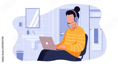 Professional working remotely from an unconventional bathroom workspace with a laptop and headset, perfect for illustrating flexible work or virtual support.