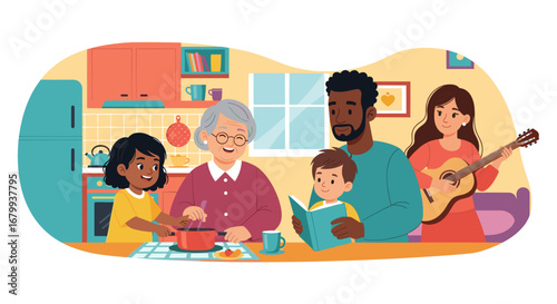 Happy multi-generational family in a kitchen. Grandparents, parents, and children enjoy cooking, reading, and music together, representing family bonding, joy, and togetherness.