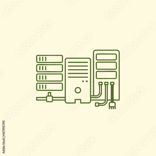 Illustration of server racks and computer hardware setup in a minimalist style, showcasing technology and connectivity