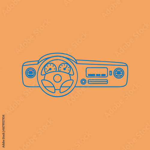 Simplified illustration of a car dashboard featuring gauges and controls against an orange background
