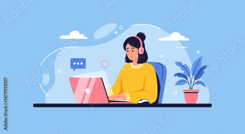 Happy woman working remotely on laptop with headphones. Ideal for online learning, customer support, or freelance concepts.