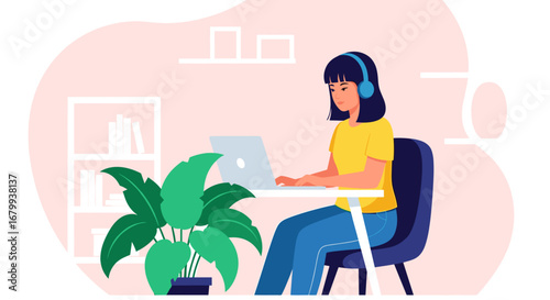 Focused young woman wearing headphones diligently working on her laptop at home. Represents remote work, online learning, and a modern, productive lifestyle.