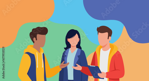 Three diverse individuals engaged in a dynamic discussion, collaboration, or meeting. Ideal for business, education, or teamwork concepts.