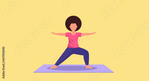 Person with afro doing Warrior II yoga pose on a mat, symbolizing wellness, fitness, and mindful living. Ideal for health and lifestyle concepts.