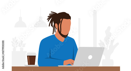 Focused person with dreadlocks working on a laptop at a modern cafe or co-working space, enjoying coffee. Ideal for concepts of remote work, freelancing, and digital lifestyle.