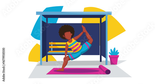 An agile person practices a balanced yoga pose on a mat in a colorful urban setting, emphasizing fitness, health, and active lifestyle.