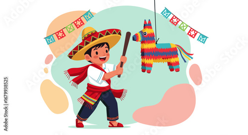A joyful boy in traditional Mexican attire, wearing a sombrero, enthusiastically prepares to hit a vibrant piñata at a lively cultural celebration.