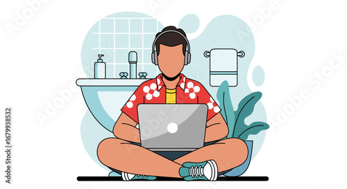 Person in headphones working on laptop from a bathroom, symbolizing remote work, flexible lifestyle, and digital nomad concept. Ideal for business, technology, and freelance themes.