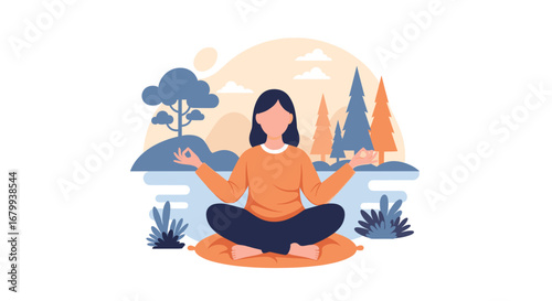 Woman meditating peacefully in a tranquil natural landscape, embodying mindfulness, relaxation, and mental wellness. Ideal for health and lifestyle concepts.
