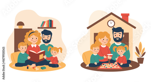 Happy family enjoys quality time at home, reading books and playing board games. Emphasizes togetherness, learning, and relaxation.