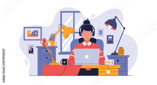 Focused person wearing headphones, working diligently on a laptop at a comfortable home office desk. Illustrates modern remote work, online learning, or digital productivity and lifestyle.