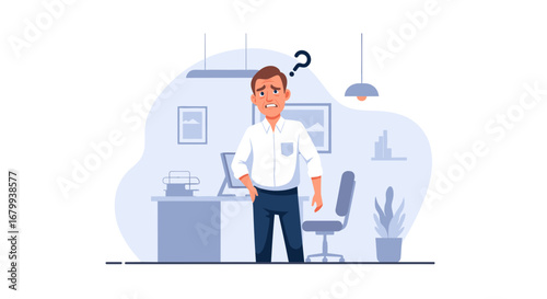 Confused businessman grappling with uncertainty in a modern office environment. Illustrates concepts of problem-solving, questions, and decision-making in the workplace.