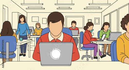 Illustrated diverse team working diligently on laptops in a modern open-plan office. Represents business productivity, collaboration, and a modern workspace concept.