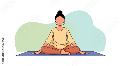 Woman meditating in a peaceful pose on a yoga mat. Illustrates wellness, mindfulness, and healthy lifestyle for relaxation and mental balance.