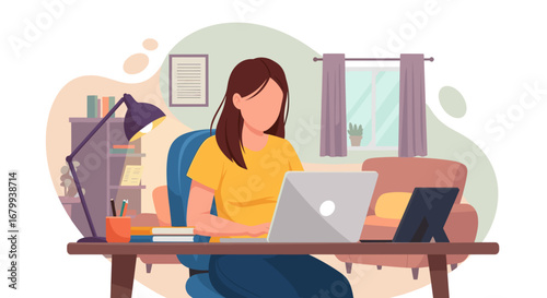 Focused woman working remotely on her laptop at a desk in a comfortable home office, embodying modern productivity, online learning, and flexible work.
