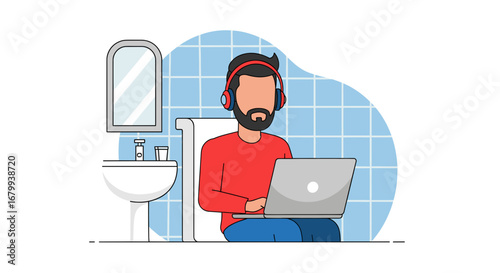 Man in headphones works on laptop while sitting on toilet, illustrating remote work, privacy, and modern multitasking in a home bathroom.
