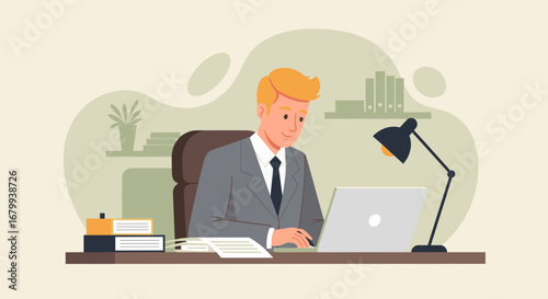 Professional businessman focused on work at his desk with a laptop, ideal for concepts of productivity, corporate efficiency, and remote work.