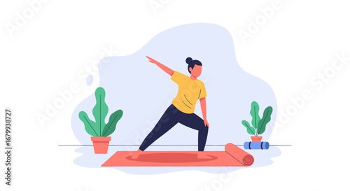 Woman practices yoga for health and wellness. This illustration depicts a mindful, active lifestyle, promoting fitness and self-care in a tranquil indoor setting.
