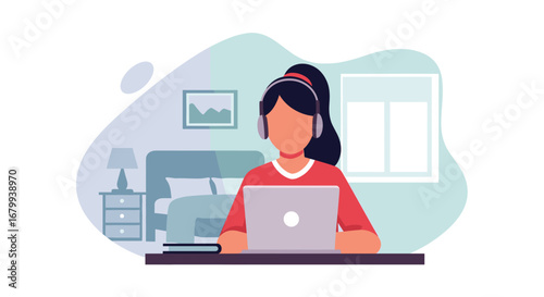 Young woman working remotely on a laptop with headphones in a cozy home environment. Ideal for concepts like telecommuting, online learning, or digital lifestyle.