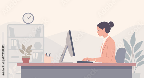 Dedicated businesswoman focused on her computer, working efficiently in a modern, organized office environment. Perfect for themes of productivity, remote work, and professional development.