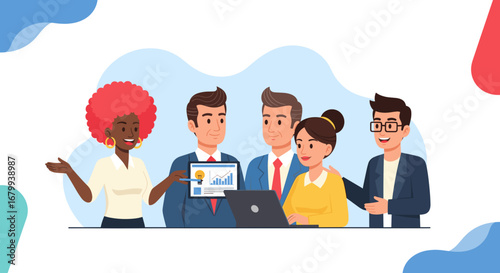 Diverse business team collaborating on a project, analyzing data and generating new ideas. Ideal for concepts of teamwork, innovation, and strategic planning.