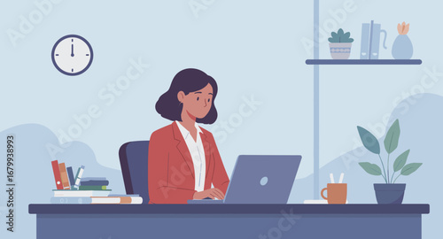Professional woman focused on working remotely at her desk with a laptop. Illustrates productivity, modern business, and home office lifestyle.