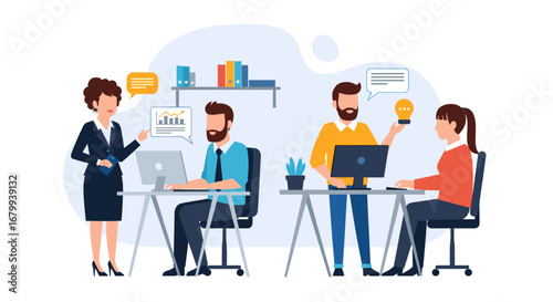 Diverse business team collaborating in a modern office, sharing ideas and analyzing data for project development. Ideal for corporate communication and innovation concepts.
