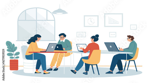 Group of colleagues working efficiently on their laptops at a shared desk in a bright, contemporary office environment. Business productivity and collaboration.