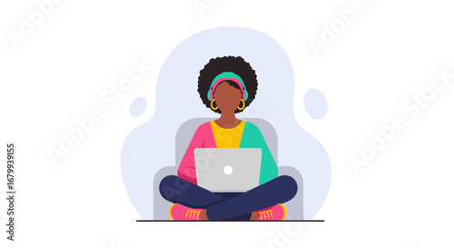 Young Black woman works remotely on laptop, combining comfort and productivity. Ideal for tech, education, or lifestyle projects.