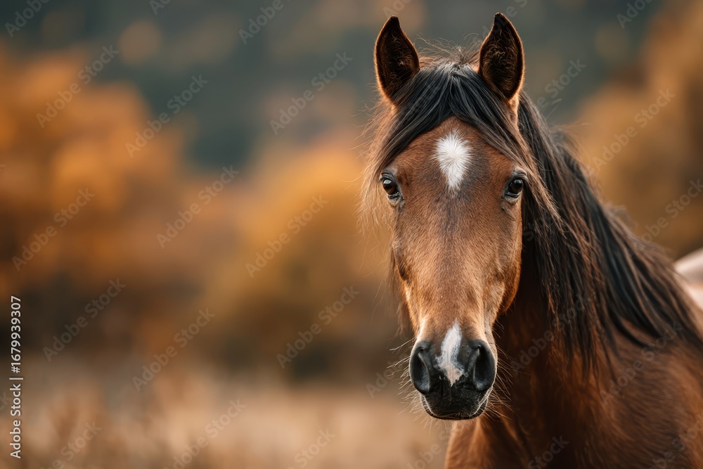 Naklejka premium Majestic brown horse with flowing mane stands in a serene autumn landscape, surrounded by golden foliage, embodying the beauty of nature and equine grace