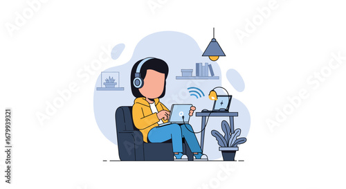 Person in headphones works remotely from home on a laptop, embodying flexible work, online learning, or casual e-commerce. Ideal for modern lifestyle and business concepts.