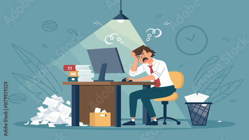 Overwhelmed businessman shouting in frustration at his office desk, buried under an immense workload and tight deadlines. Concept of job stress, burnout, and excessive tasks.